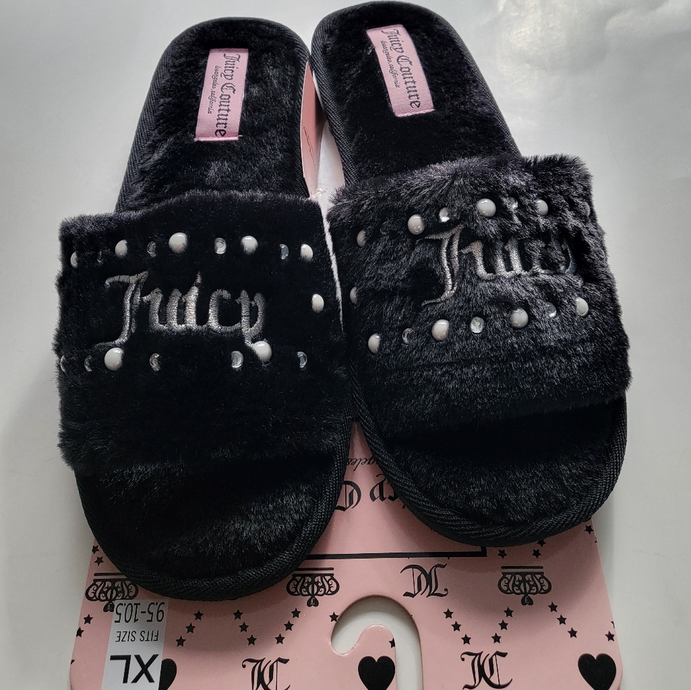 Juicy Couture Fur Slippers Embroidered Logo Womens size XL black